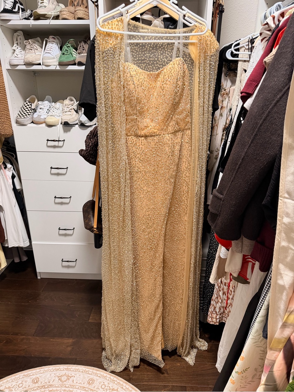 Gold Beaded Strapless Evening Gown with Sheer Cape
